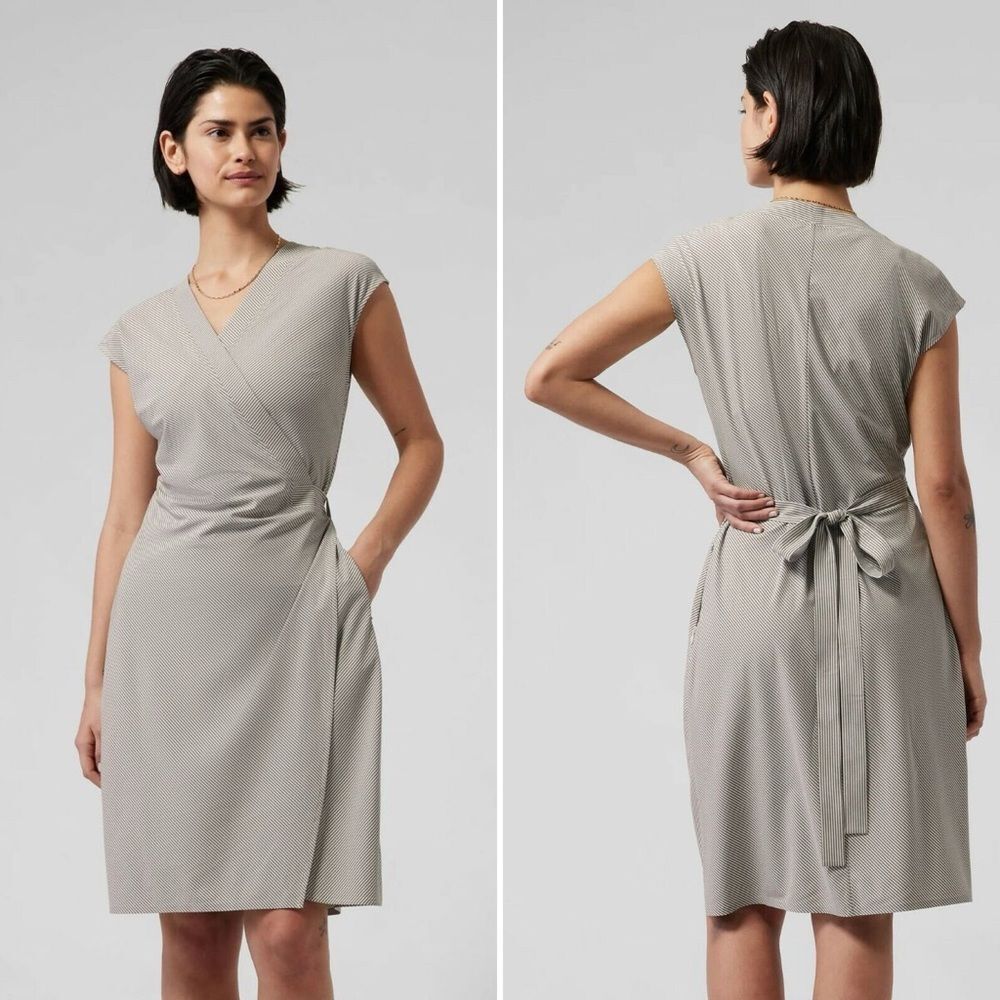 Athleta Newport True Wrap City Stripe Gray White Dress 1X